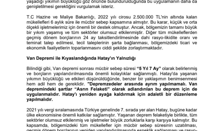 Hatay Dernekleri ve Odalarindan Adil Mücbir Sebep Çağrısı